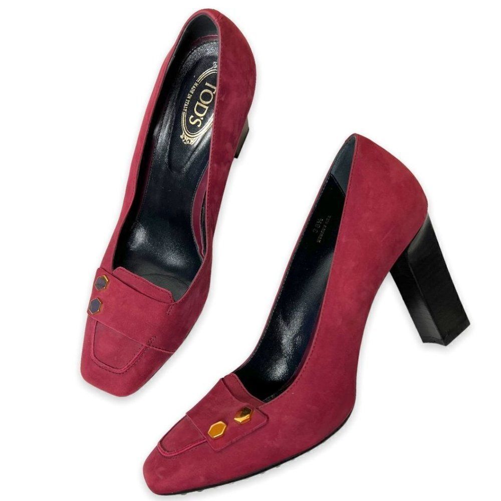 TOD'S Women's Magenta Pink Block Heel Suede Leather Pumps Square Toe Size 38.5